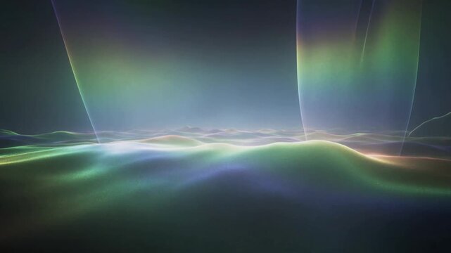 Rising columns causing glowing rolling surface pulsing with moving glows and veils near horizon