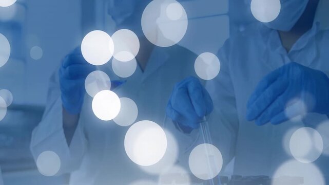 Vertical video: Camera focusing, two gloved white-coated lab techs pipetting at tube rack for tests