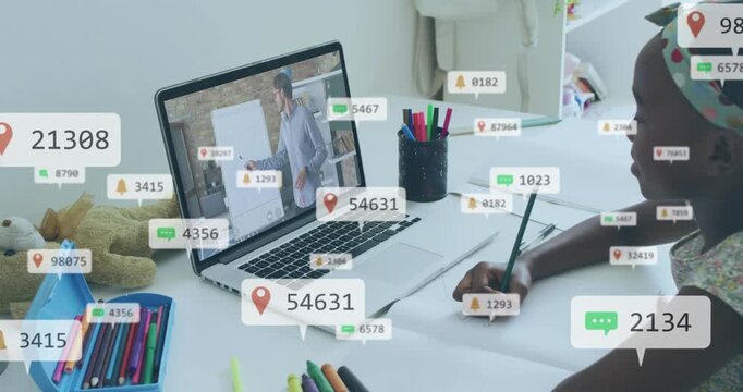 Child taking notes in remote class while chat badges spreading, obscuring then thinning over laptop