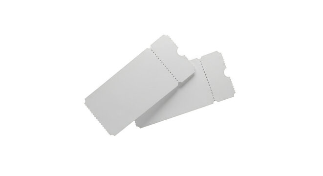 Two blank white tickets on a plain transparent background for events or contests