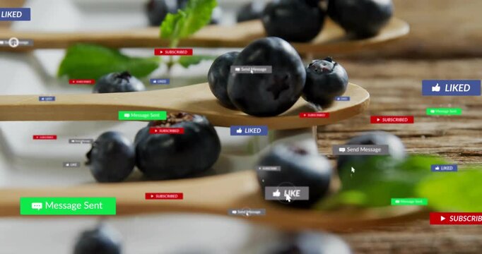 Pointer clicking badges, spoons with berries mint, social badges peaking then fading for food ads