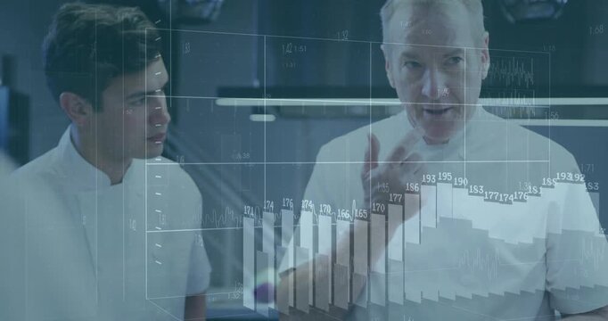Senior chef tasting red ingredient while instructing junior chef, data overlay rising with 3D bars