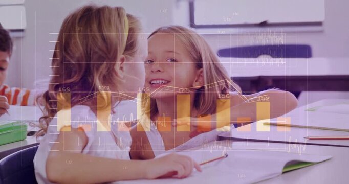 2 girls in class right girl reaching pencil sharing answer left girl pausing bar charts overlaying