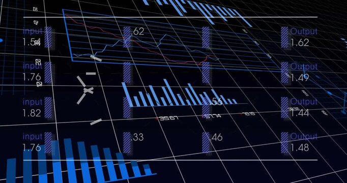 3D data viz grid shifting perspective, updating bar heights and rotating pie charts for analytics