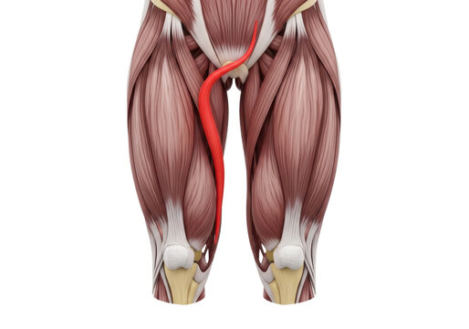 Hyper-detailed scientific illustration of the human anterior thigh, showcasing quadriceps and adductors, with the sartorius muscle highlighted in contrasting red color against a transparent