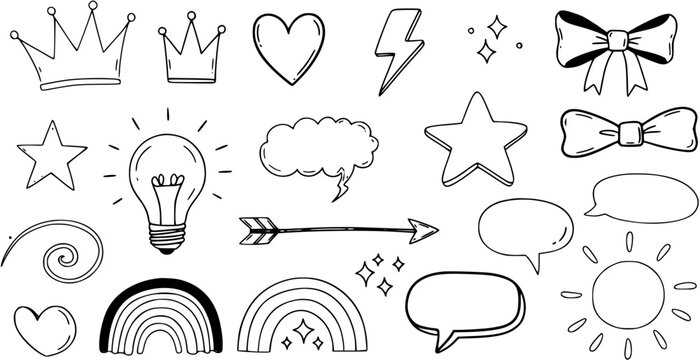 Cute hand drawn doodle elements set with crowns, hearts, stars, light bulb, rainbows, speech bubbles, bows, sun, and sparkle icons.
