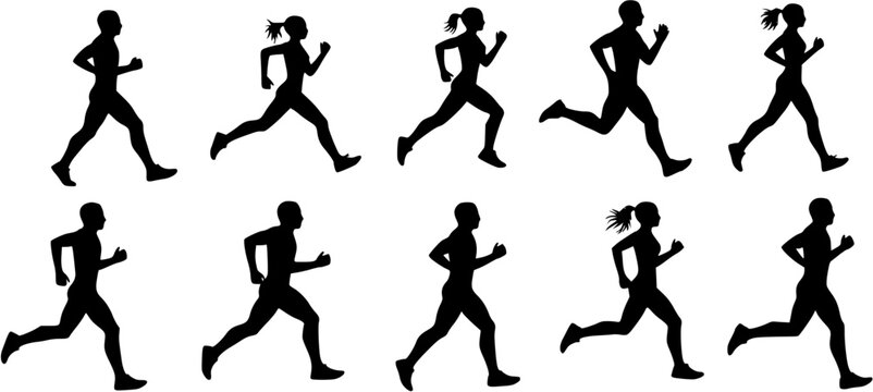 Set of diverse running people silhouettes, including men and women in various dynamic poses, representing fitness, sport, and active lifestyle.