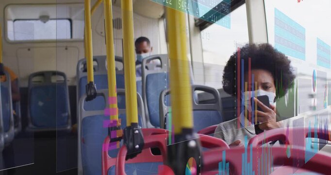 Female passenger tapping smartphone causing bar or line graphs appearing for tech review while calli