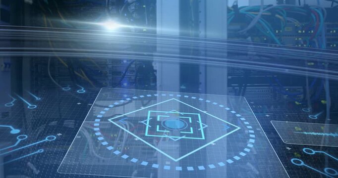 Flare appearing and activating holo HUD over network rack, pulsing diamond ring, revealing cables