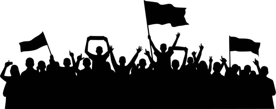 Silhouettes of a diverse crowd cheering or protesting, holding flags and banners with hands raised in unity, depicting a rally, demonstration, or celebration against a white background.