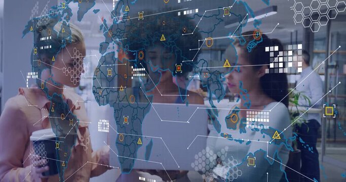 Center woman scrolling laptop, three women reviewing global data with HUD world map and hex nodes