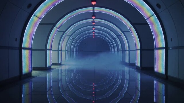 Drifting fog bank advancing through LED-arched corridor, reflecting on glossy floor, from vents