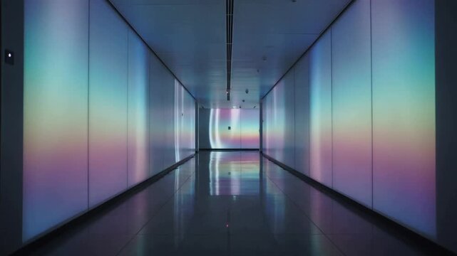 Panel activating gallery lighting corridor shifting bands reflecting on shiny floor with red sensor