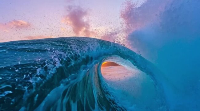 Ocean Barrel Wave Crashing at Golden Sunset Coastal Serenity Detailed Water Texture Cinematic Slow Motion
