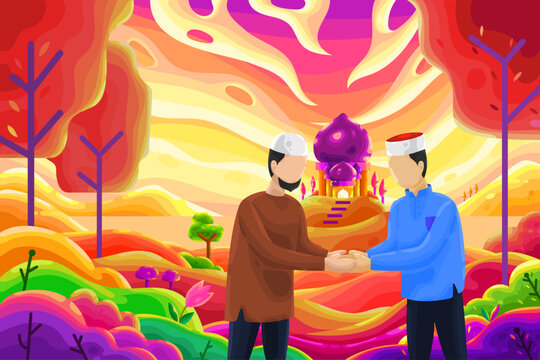 Muslim men visiting relatives during the month of Ramadan with a mosque in the background in a warm afternoon and natural scenery. Colorful faceless vector cartoon illustration for banners
