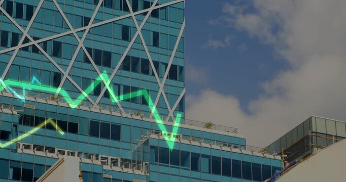 Vertical video: Blue-glass facade hosting neon line graphs moving across, data driving finance