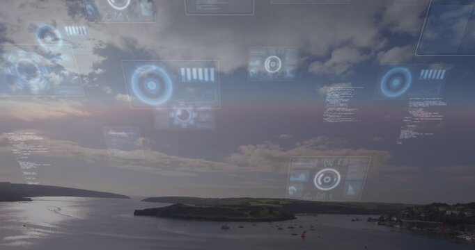 Starting HUD boot from above coastal bay with island and moored boats getting drifting HUD overlays