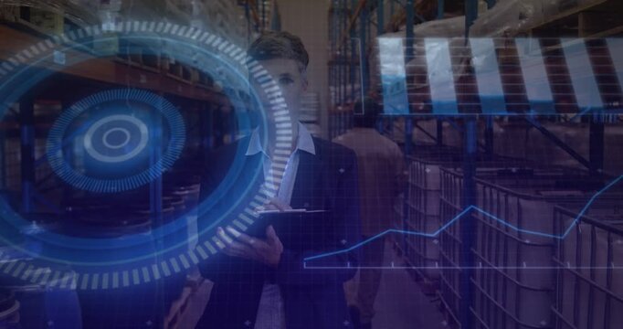 Warehouse lead tapping tablet walking aisle, showing HUD chart, picker passing, confirming stock