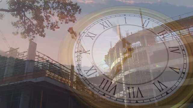 On clip start overlaid clock rotating hands and shifting silhouette over construction, showing time