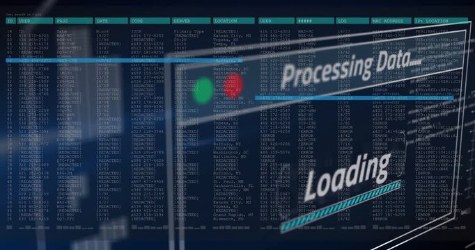 HUD receiving dataset, advancing loading bar, scanning alphanumeric columns for data analytics