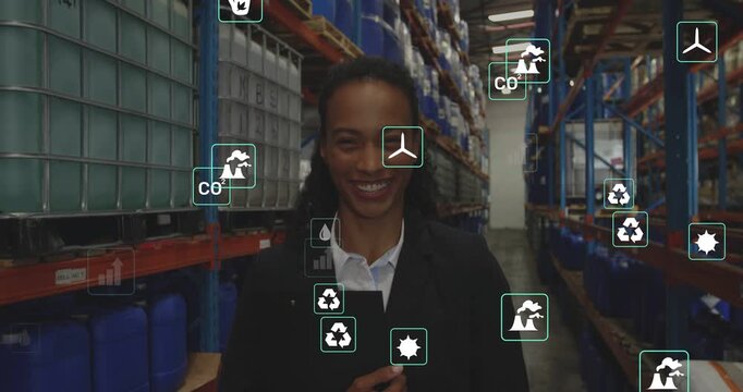 Vertical video: Supply pro walking aisle with tablet, initiating charts tracking sustainability