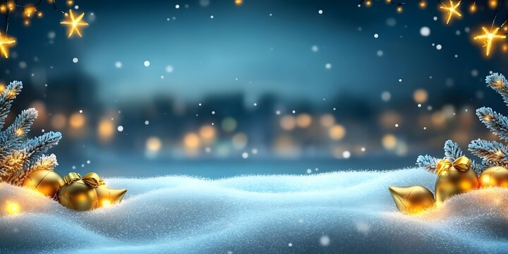 Snowy Christmas landscape with defocused lights.