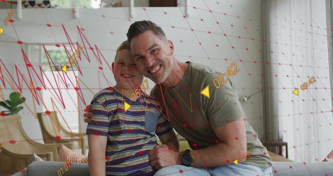 Dad and boy responding to offscreen cue smiling, leaning, red zigzags and yellow triangles sweeping
