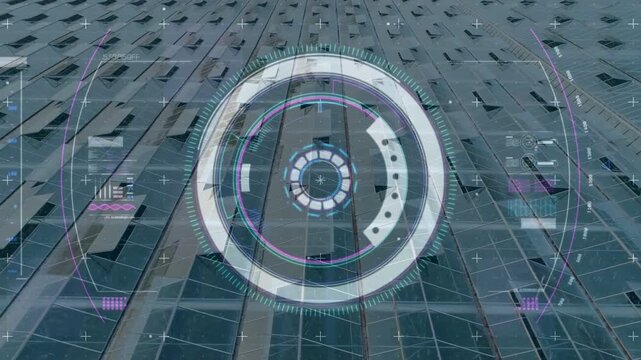 Overlay spawning HUD fading in, refining concentric rings while rotating gear hub, visualizing data