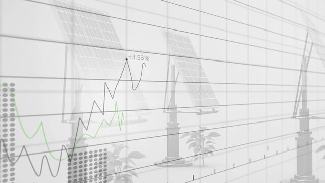 Graph plane fading in, plotting lines and rising bars over solar panels, showing energy gains