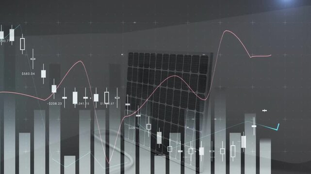 Tilted finance panel still on market shift while candles cycling full market cycle, bars reacting
