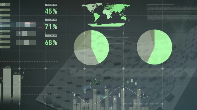 On load HUD animating bars and pies rising candlesticks moving map appearing showing live analytics