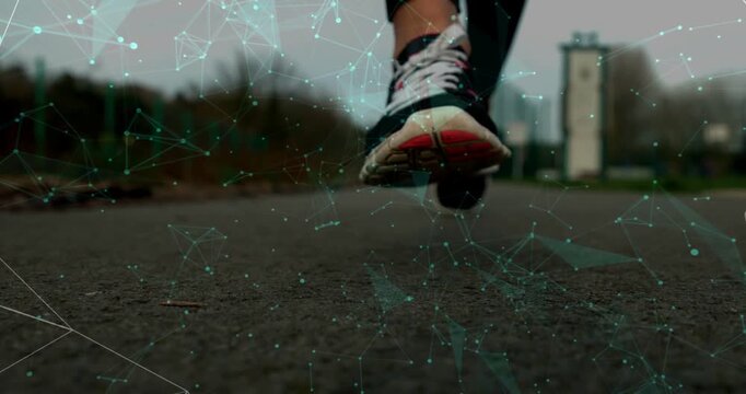 Overlay fading, black shoe approaching camera, blurring into focus, landing, showing stride