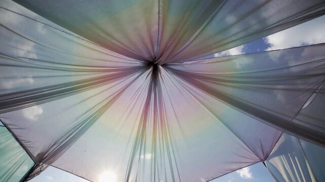 Shifting translucent canopy showing radial pleats beneath open sky, sun peeking through knot