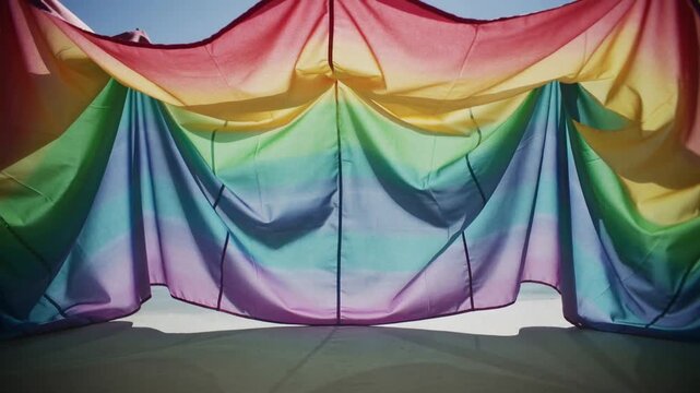 Shifting rainbow fabric panel forming central dip, side arches at outdoor stage, casting shadows