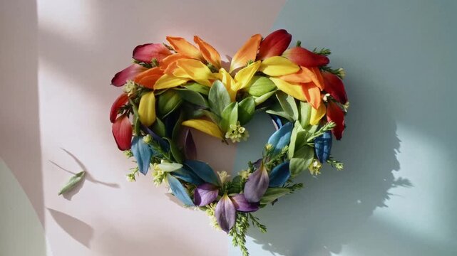 Split backdrop, heart wreath staying centered initial petals drifting casting shadows for design