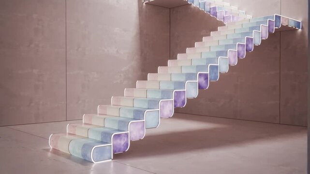 Starting animation moving pastel stair left to center in square room, forming dual LED-lit flights