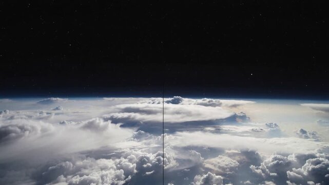 Drifting camera after tether pull showing cloud tops and curved limb near space, stars visible