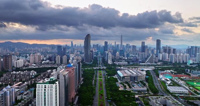 Aerial view of the modern financial district and skyscraper skyline in Shenzhen, China.