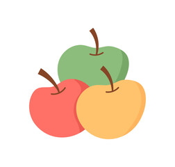 Fototapeta premium Cartoon healthy food in flat style. Simple fruit gift as cute icon for donate or charity and community support theme. Colorful apple set in red, green and yellow vector as modern graphic asset