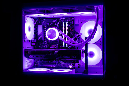 Gaming PC with violet RGB lighting
