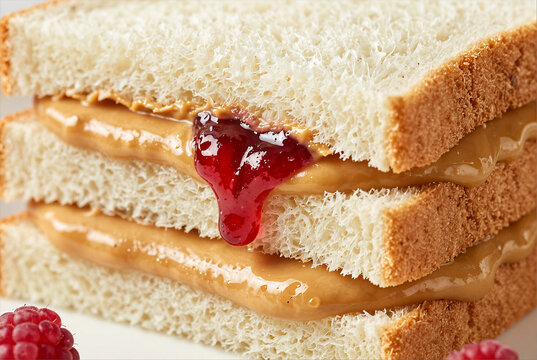 Appetizing Close-up of Raspberry Jam Drip on PB and J Stack
