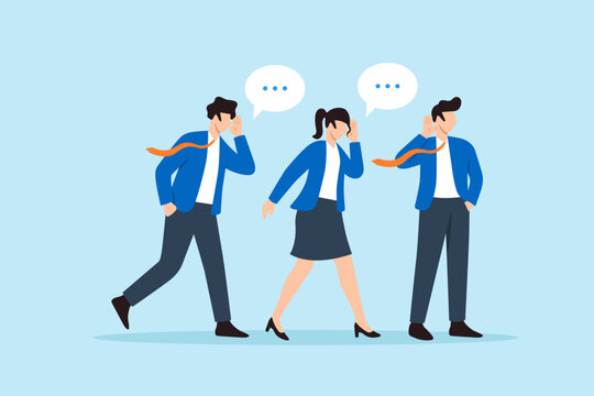 Flat illustration of business people whispering messages while walking together symbolizing office gossip rumor spreading informal communication workplace politics and information distortion