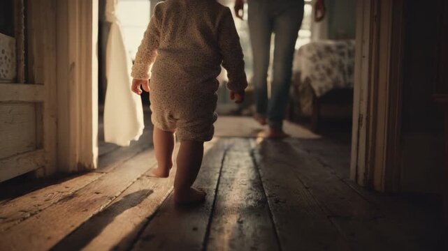 First Steps: A tender moment as a baby takes its first steps, guided by a supportive caregiver, walking from a dimly lit room toward a warm glow. 