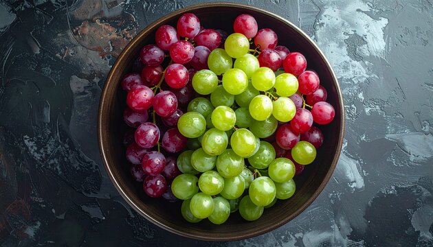 Fresh grapes of various colors arranged beautifully in a bowl. The grapes include green and red varieties, presented in an overhead shot