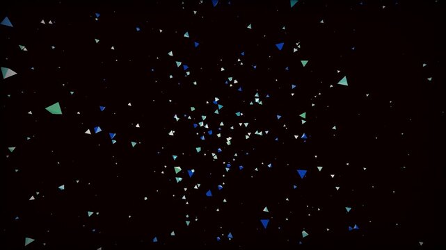 Abstract blue and teal triangle fragments shattering in a dark digital space with motion blur effect