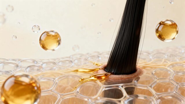 Hair strand with golden liquid bubbles