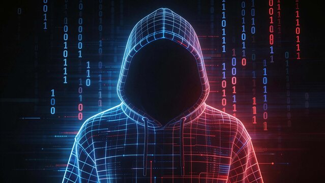 Hacker figure in digital binary code