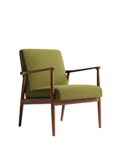 Fototapeta premium a flawless mid-century modern armchair featuring a dark walnut wood frame and textured olive green bouclé fabric upholstery, isolated on a transparent background under soft studio lighting, conveying