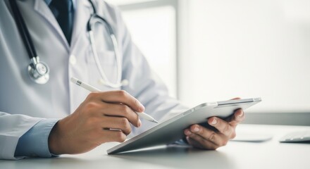 Fototapeta premium Medical doctor using digital tablet, healthcare professional writing on screen, clinical records