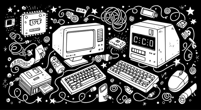 Detailed hand-drawn doodle of vintage computer hardware components, including CRT monitor, retro CPU, keyboards, floppy drive, mouse, and other classic tech on a black background.